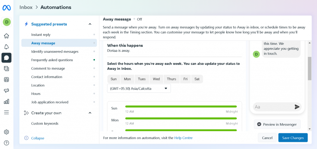 Facebook message reply templates