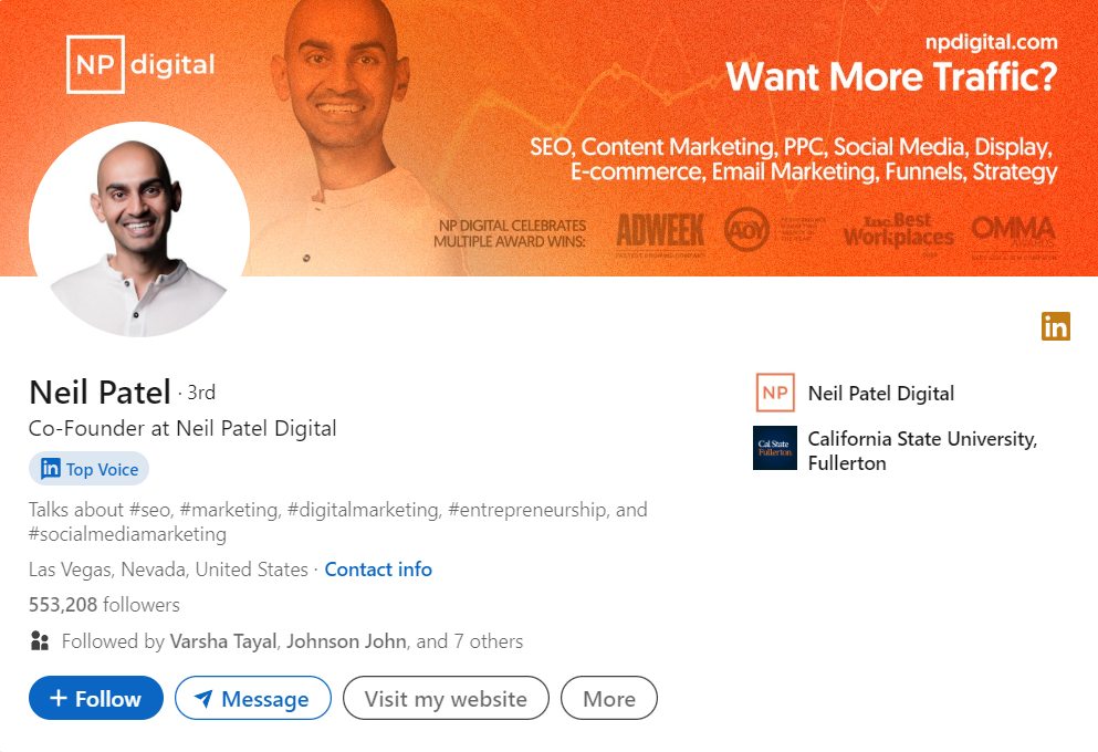 Neil Patel’s LinkedIn Bio