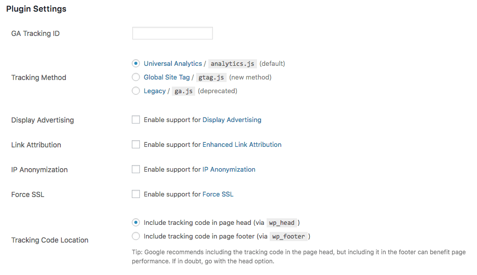 WordPress GA Plugin Settings