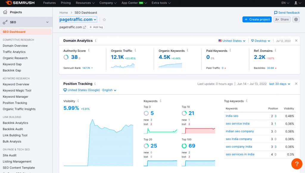 Semrush Dashboard 